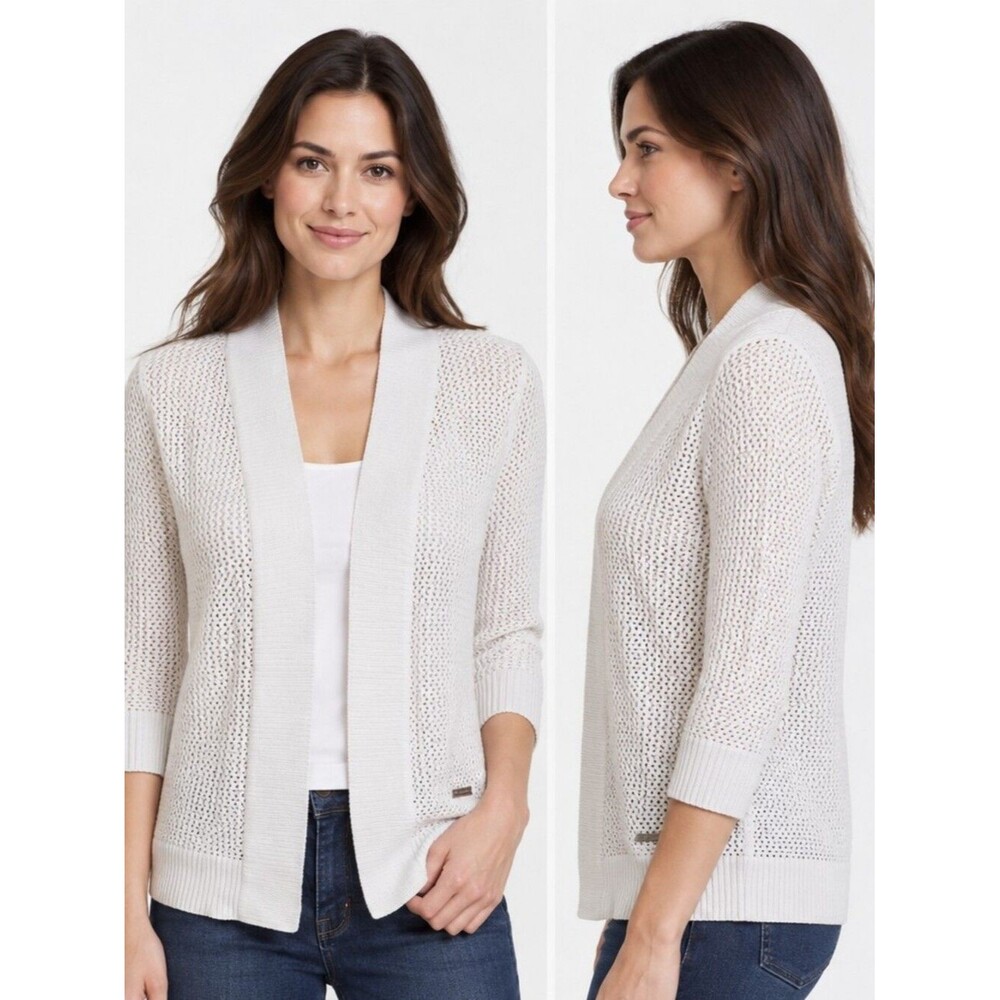 Michael Michael Kors macrame knit open cardigan sweater, S, white 3/4 sleeve